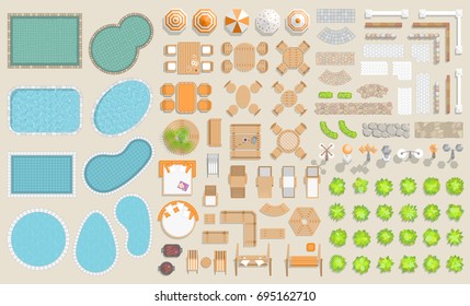 Vector set of architectural elements. (Top view) Pools of various shapes, paths, fences, lights, furniture, trees. (View from above)