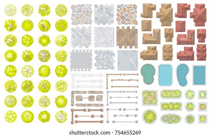 Vector set. Architectural elements. Top view. Trees, fences, paths, houses, swimming pools, flower beds. View from above. 