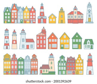 Vector set of architectural structures for printing on fabric and clothing, packaging, postcards, creating patterns and illustrations. A bright illustration with houses and lighthouses with a contour.