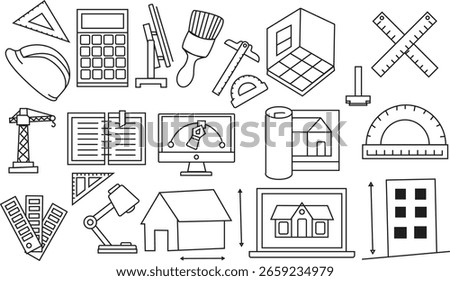 Vector Set of Architecture and Construction Line Icons – Tools, Equipment, House Design Elements, and Engineering Symbols for Planning and Drafting Projects