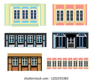 Vector set of architecture details - illustrations of german Thalf-timbered house in small town