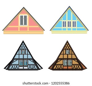 Vector set of architecture details - illustrations of german Thalf-timbered house in small town