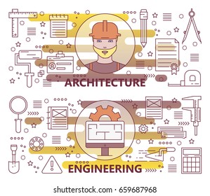 Vector set of Architecture and Engineering concept banners. Modern thin line flat design elements for web, marketing, presentation and printing.