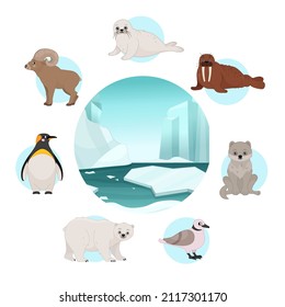 Vector Set Of Arctic Animals. Cartoon Illustrations Of Cute Northern Animals. Vector Arctic Background.
