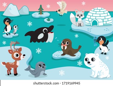 Vector set with arctic animals for kids. Set includes polar bear, seal, walrus, owl, penguins, arctic fox, reindeer, and whale. Iceberg, igloo and sky on background. Arctic animals vector illustration