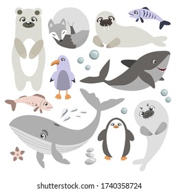 vector set of arctic and antarctic animals. Penguin, polar bear, seal, fur seal, shark, fish, bird, arctic fox, walrus, whale. flat illustration