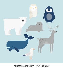 Vector Set Arctic And Antarctic Animals. Penguin, Polar Bear, Seal, Reindeer, Whale, Snowy Owl, Albatross. Flat Style Character Illustration