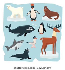 Vector set of Arctic and Antarctic animals. Collection of flat style vector illustration