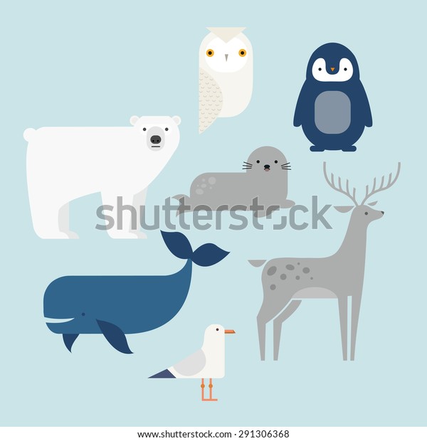 ベクター画像セット北極と南極の動物 ペンギン ホッキョクグマ アザラシ トナカイ クジラ 雪の多いフクロウ アルバトロス フラットスタイルの文字イラスト のベクター画像素材 ロイヤリティフリー