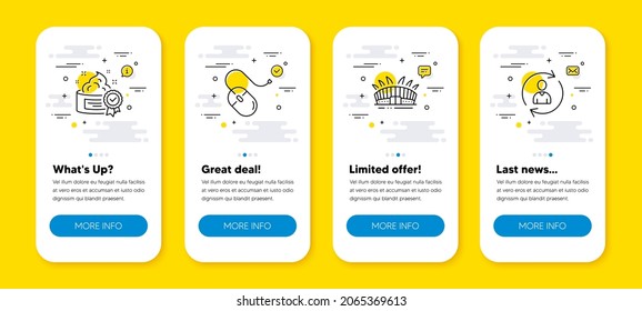 Vector set of Arena stadium, Computer mouse and Cream line icons set. UI phone app screens with line icons. Person info icon. Sport complex, Pc device, Best lotion. Refresh user data. Vector