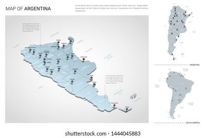 Vector set of Argentina country.  Isometric 3d map, Argentina map, South America map - with region, state names and city names. Fonts : Myriad Pro, Roboto