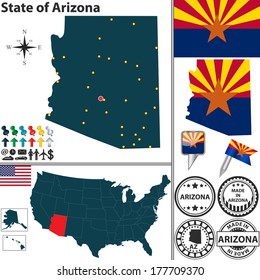 Vector set of Arizona state with flag and icons on white background