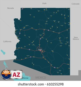 Vector set of Arizona state with roads map, cities and neighboring states