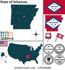 Vector set of Arkansas state with flag and icons on white background