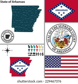 Vector set of Arkansas state with flag and icons on white background