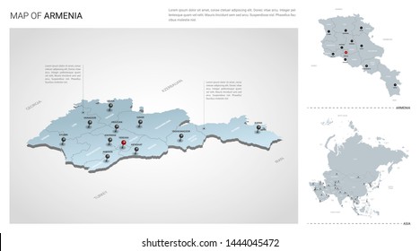 Vector set of Armenia country.  Isometric 3d map, Armenia map, Asia map - with region, state names and city names.