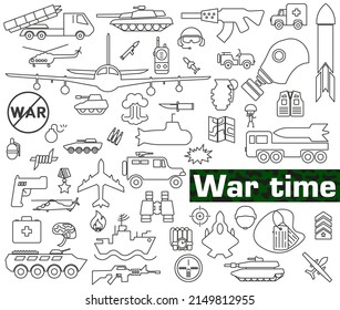 Vektorset von Armeesymbolen. Krieg, militärische Angelegenheiten. Militärische Symbole gesetzt. Vektorgrafik. Alles für den Krieg.