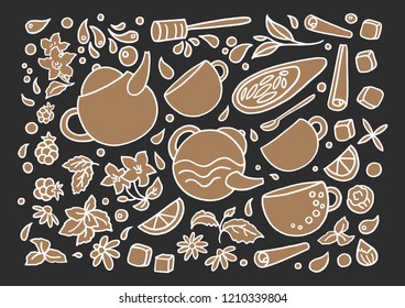 Vector set. Aroma natural herbal tea on black background. Group of doodle elements isolate and grouped Art line hand drawing sketch Cup, leaf, flower, mint, lemon Herbal fresh drink Organic bio design