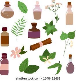 Vector set of aromatic oil and flowers and plant isolated illustrations. Natural medicine and aromatherapy. Eco, ecological. Jars and bottles isolated on a white background.