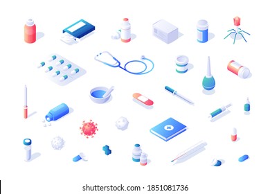 Vector set of arranged isometric icons of medications and drugs with various health care items and doctor equipment isolated on white background