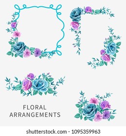 Vector set of arrangements with pink and blue roses, angular composition,frames,bouquets,design element isolated on white background.
