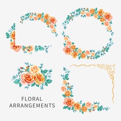 Vector Set Of Arrangements With Yellow And Orange Roses, Angular Composition,frames,bouquets,design Element Isolated On White Background.