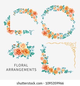 Vector set of arrangements with yellow and orange roses, angular composition,frames,bouquets,design element isolated on white background.