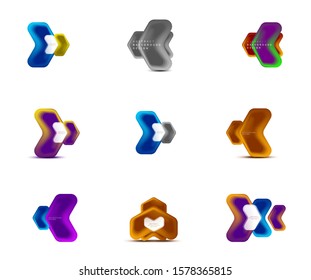 Vektorset mit Pfeil-geometrischen Bannern, die mit Mischfarben-Effekt erstellt wurden. Trendy einfache Buttons, Symbole oder Logo-Vorlagen für Firmenzeichen, minimaler Stil. Illustrationen für Bildschirmhintergründe, Banner