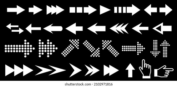 Vector set of arrow shapes isolated on black.Arrow icon. Arrow vector collection. Arrow. Cursor. Modern simple arrows. Vector illustration.