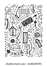 vector set of arrow signs of various shapes and signboards with inscriptions