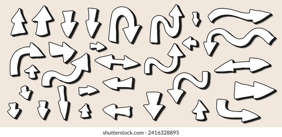 Vector set of arrows. Collection of direction signs. Hand drawn isolated design elements. Left, right, down, up, forward pointers.