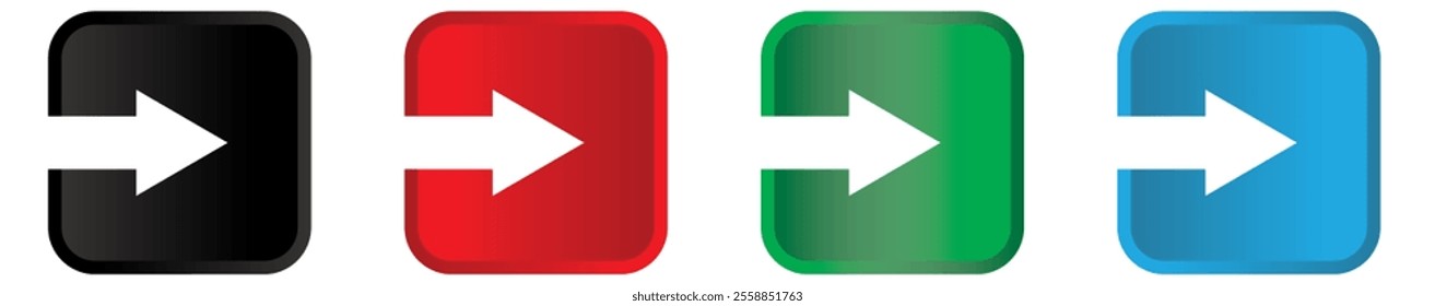 vector set of arrows in colorful square on transparent background, right or next arrow. vector illustration.