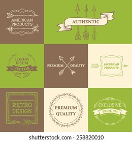 Vector set of arrows design elements. Ethnic badges, labels, ribbons, frames, logo templates and emblems. There is place for your text.