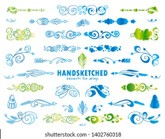 Vector set of arrows, indexes, dividers, flowers, ear of wheat elements, blue and green nature colors. Hand drawn calligraphic elements for design, watercolor style. Ornate and silhouette options