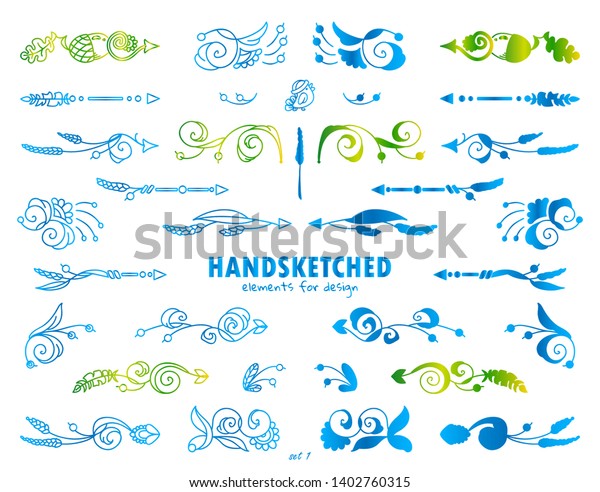 Vector set of arrows, indexes, dividers, flowers,\
ear of wheat elements, blue and green nature colors. Hand drawn\
calligraphic elements for design, watercolor style. Ornate and\
silhouette options