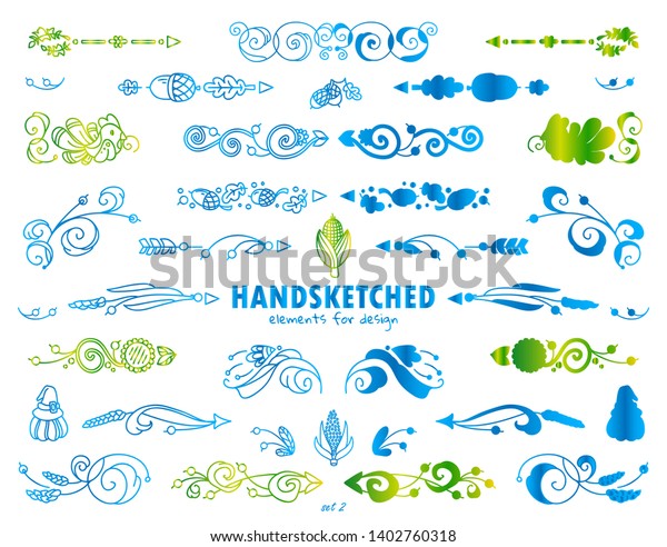 Vector set of arrows, indexes, dividers, flowers,
ear of wheat elements, blue and green nature colors. Hand drawn
calligraphic elements for design, watercolor style. Ornate and
silhouette options