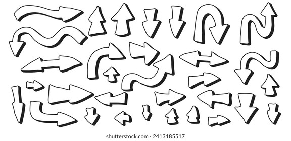 Vector set of arrows isolated on white background. Collection of direction signs. Hand drawn design elements. Left, right, down, up, forward pointers.