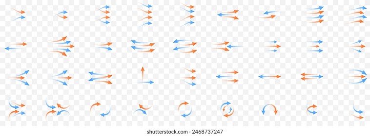 Vector set of arrows png. Heat and cold arrows png. Heat and cold flow. Red and blue arrows on an isolated transparent background.