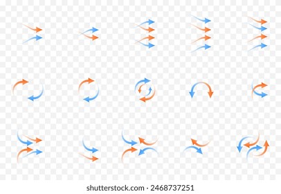 Vector set of arrows png. Heat and cold arrows png. Heat and cold flow. Red and blue arrows on an isolated transparent background.