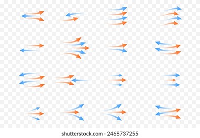 Vector set of arrows png. Heat and cold arrows png. Heat and cold flow. Red and blue arrows on an isolated transparent background.