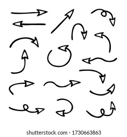Vector set of arrows pointing in different directions. Hand drawn, doodle elements isolated on white background