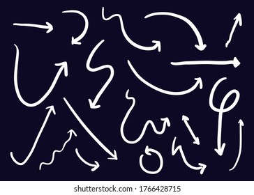 Vector set of arrows pointing in different directions. Hand drawn, doodle elements isolated on dark background for social media or web design.
