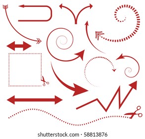 Vector set of arrows and scissors with cut lines