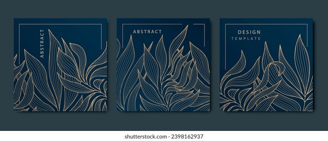 Vector set of art deco abstract luxury golden square cards, post templates for social net, leaves botanical modern, art deco wallpaper backgrounds. Floral line patterns.