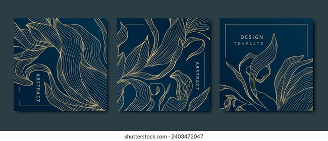 Vector set of art deco abstract luxury golden square cards, post templates for social net, leaves botanical modern, art deco wallpaper backgrounds. Floral line patterns