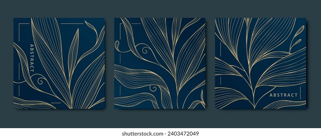 Vector set of art deco abstract luxury golden square cards, post templates for social net, leaves botanical modern, art deco wallpaper backgrounds. Floral line patterns