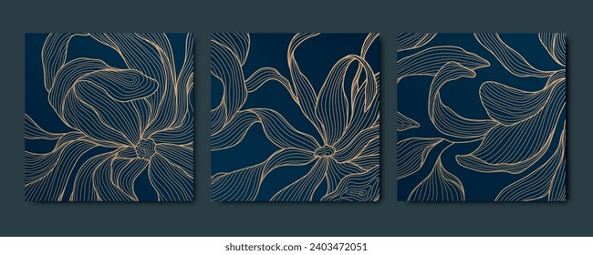 Conjunto vectorial de tarjetas cuadradas de oro de lujo abstractas de arte deco, postales plantillas para red social, deja fondos botánicos modernos, fondo de fondo de fondo Art deco. Patrones de líneas florales