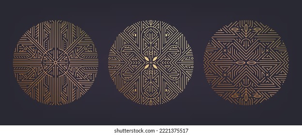 Conjunto vectorial de placas art deco, adges, plantillas abstractas de diseño geométrico para productos de lujo. Composiciones de ornamentos lineales, vintage. Uso para embalajes, marcas, decoración, etc. Círculos dorados