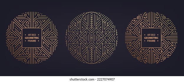 Vector set of art deco badges, adges, frame abstract geometric design templates for luxury products. Linear ornament compositions, vintage. Use for packaging, branding, decoration, etc. Golden circles