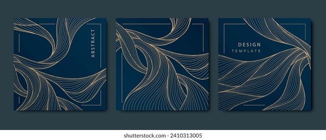 Conjunto vectorial de tarjetas de deco de arte, patrones de onda de línea, ilustraciones de mar al estilo japonés. Gráfica abstracta de lujo vintage, elementos de forma dorada.